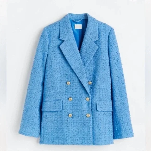 NWT H&M Light Blue Tweed Double-Breasted Oversized Blazer Gold Buttons Size XS - Picture 1 of 11